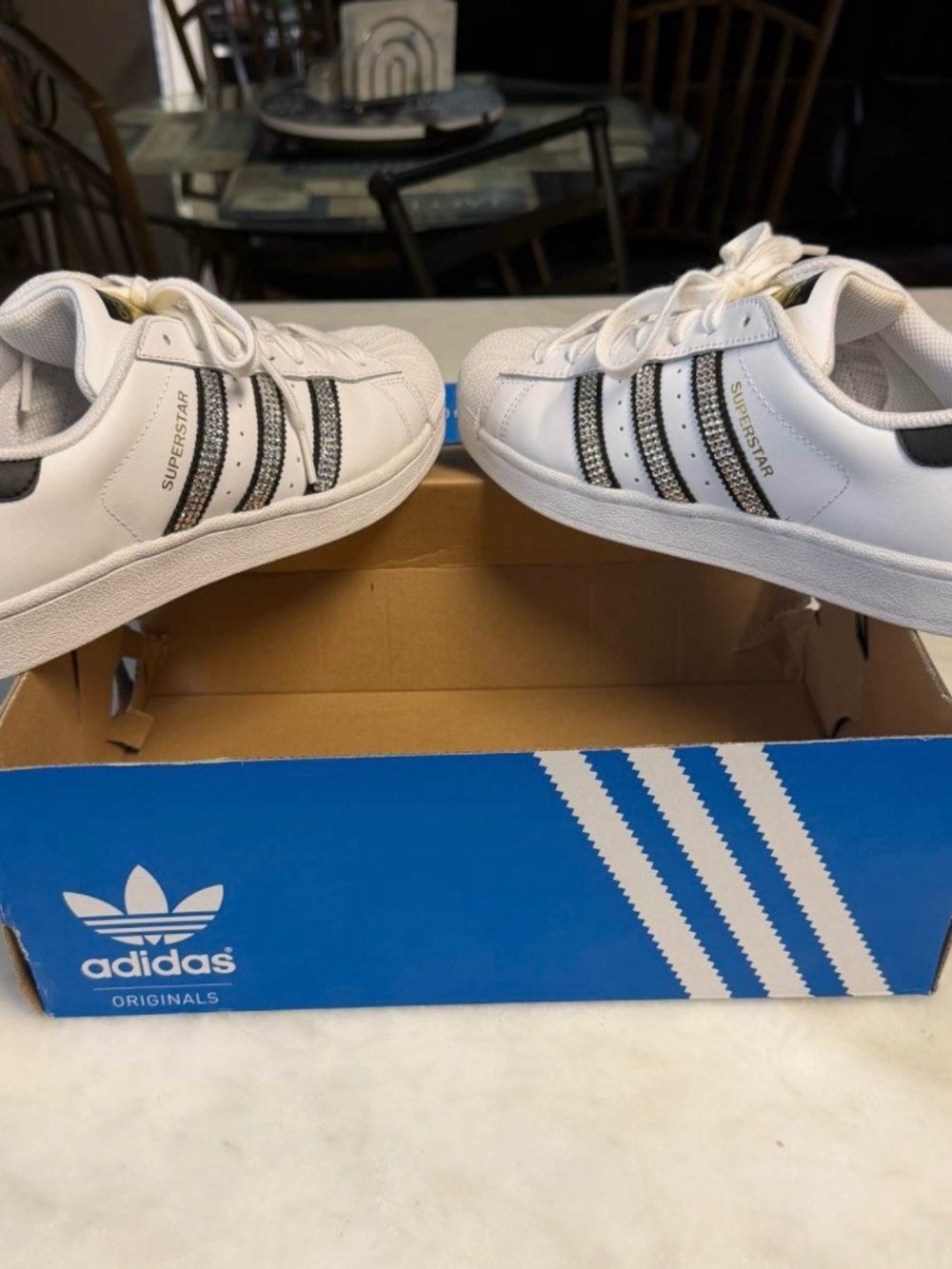 Adidas sneakers White/ Black Stripe with Bling Detail. Size 9. Fits like 9.5.